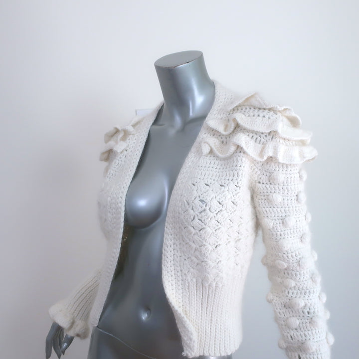 Frederick Anderson Crochet Cardigan Cream Ruffled Pom Pom Knit Size Small