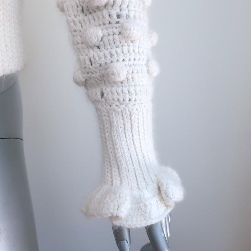 Frederick Anderson Crochet Cardigan Cream Ruffled Pom Pom Knit Size Small