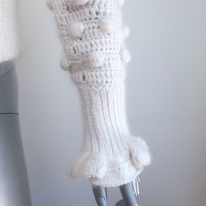 Frederick Anderson Crochet Cardigan Cream Ruffled Pom Pom Knit Size Small