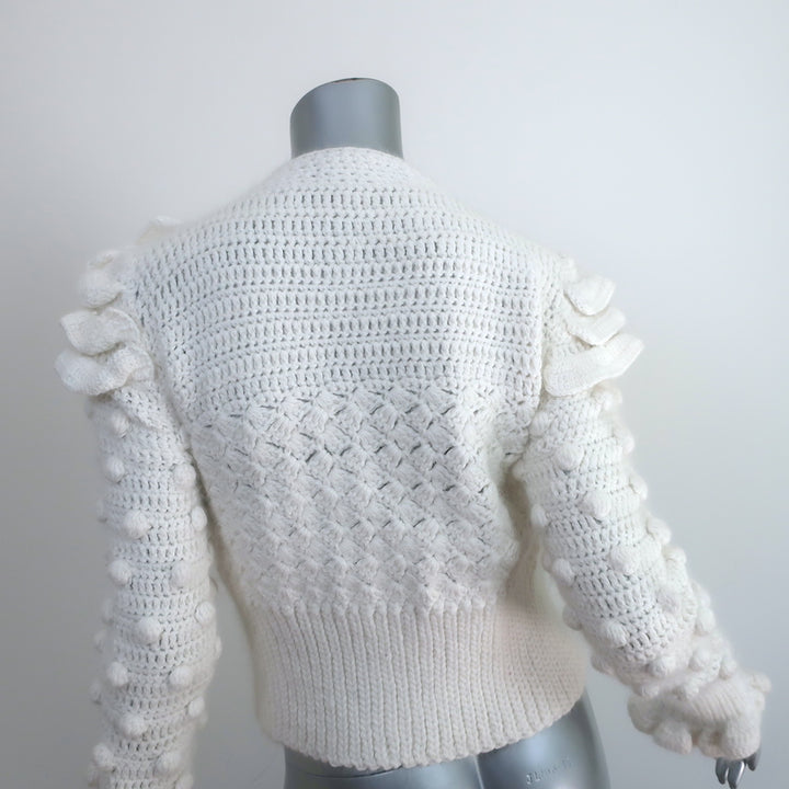 Frederick Anderson Crochet Cardigan Cream Ruffled Pom Pom Knit Size Small