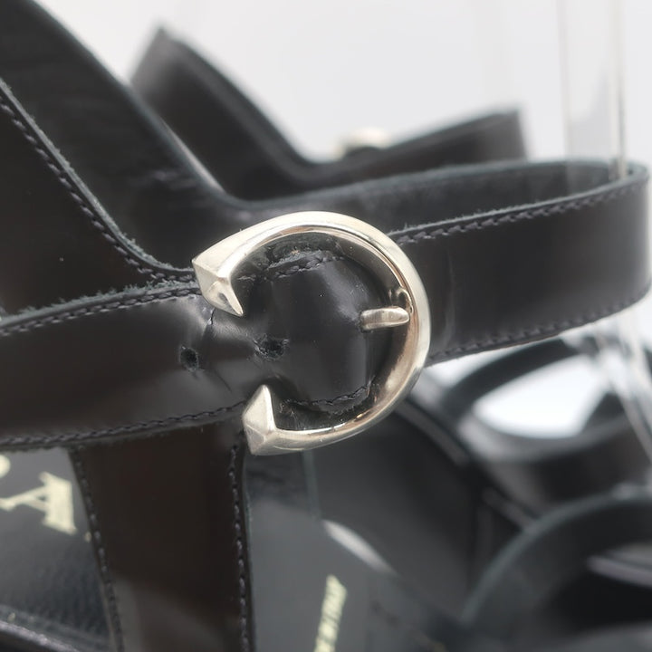 Prada Crisscross Platform Wedge Sandals Black Spazzolato Leather Size 38