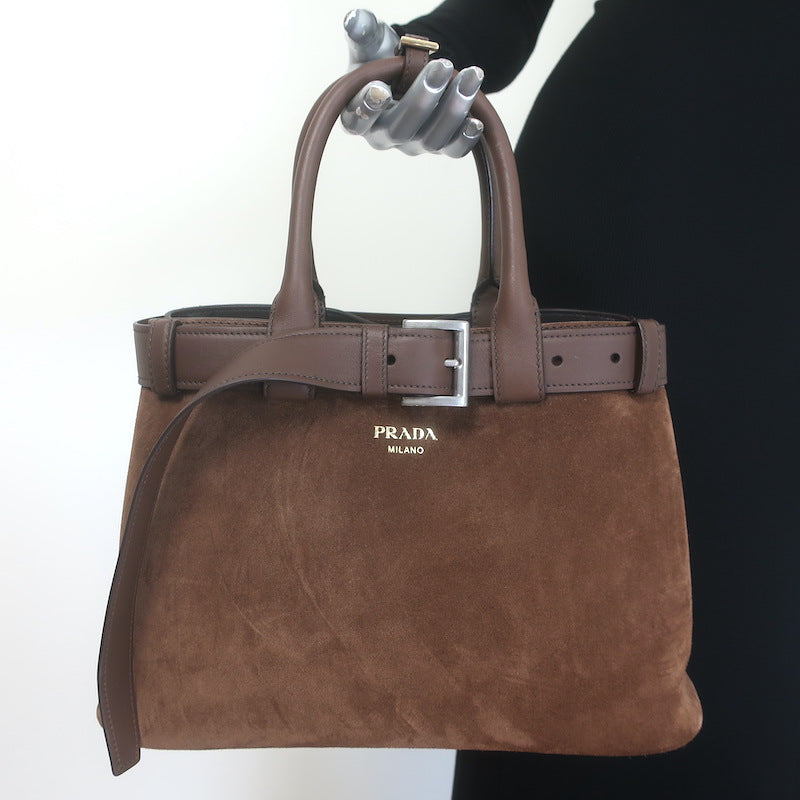 Prada Medium Buckle Belted Top Handle Bag Brown Suede Crossbody NEW