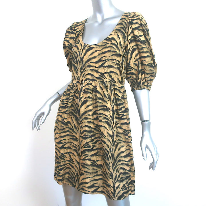 Ba&amp;sh Puff Sleeve Mini Dress Zola Beige Tiger Print Linen-Blend Size Extra Small