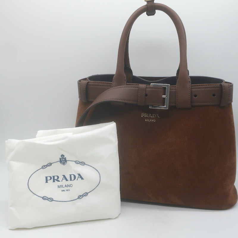 Prada Medium Buckle Belted Top Handle Bag Brown Suede Crossbody NEW