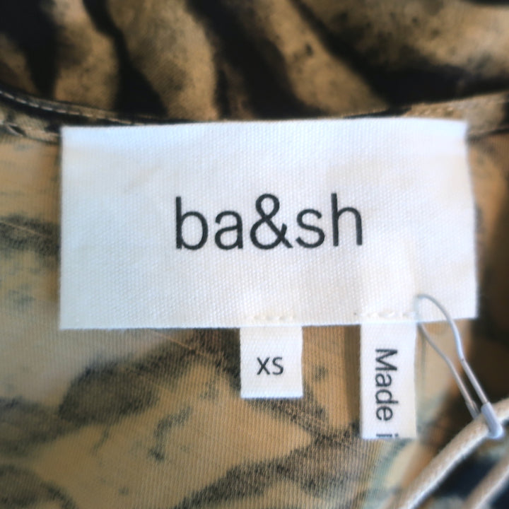 Ba&amp;sh Puff Sleeve Mini Dress Zola Beige Tiger Print Linen-Blend Size Extra Small