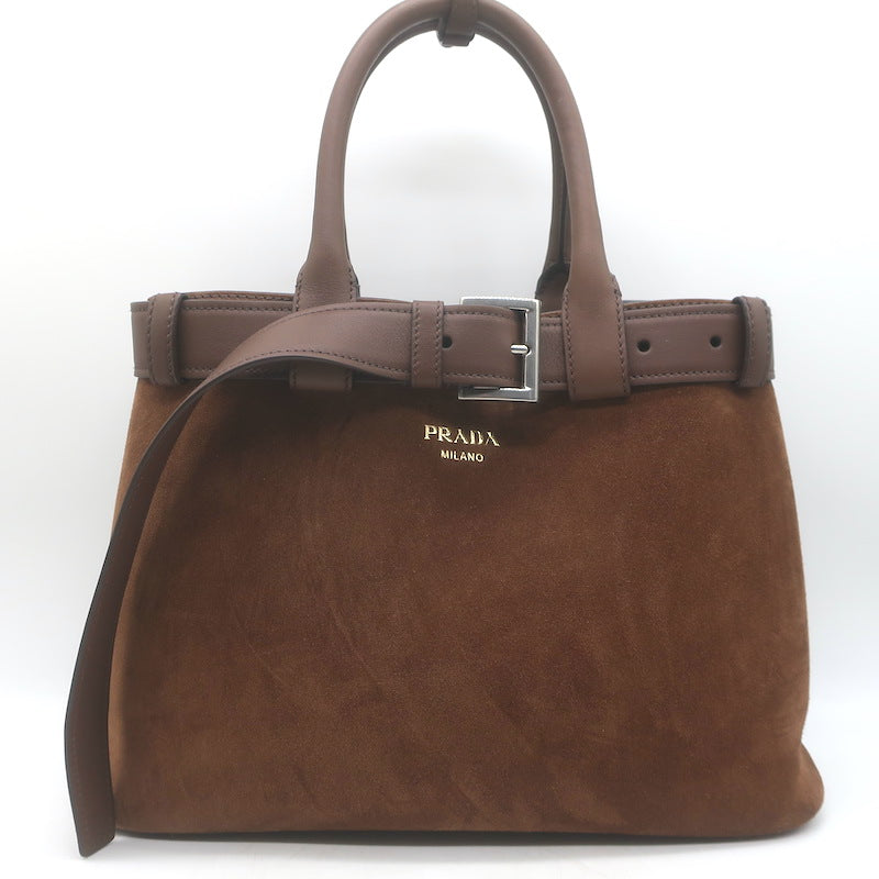 Prada Medium Buckle Belted Top Handle Bag Brown Suede Crossbody NEW
