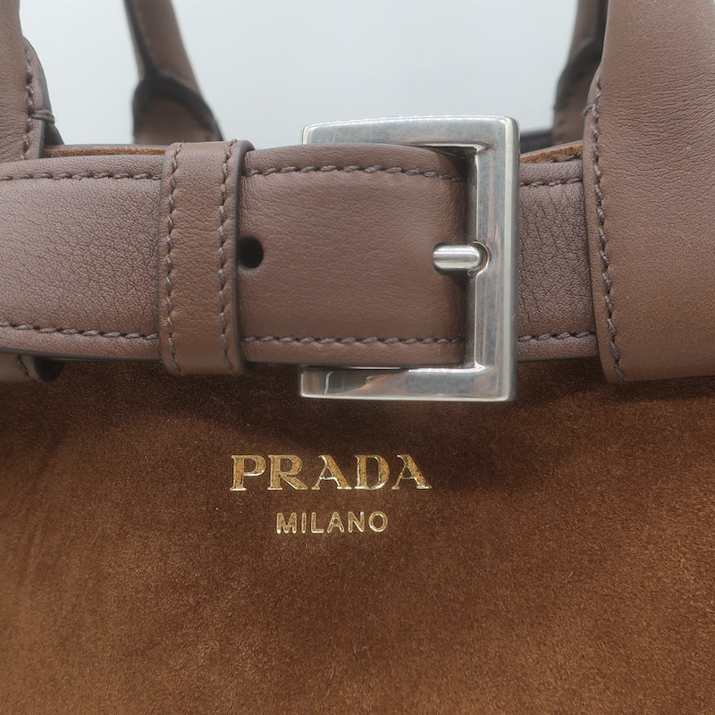 Prada Medium Buckle Belted Top Handle Bag Brown Suede Crossbody NEW