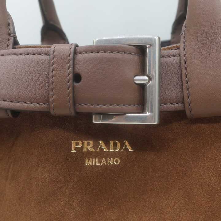 Prada Medium Buckle Belted Top Handle Bag Brown Suede Crossbody NEW