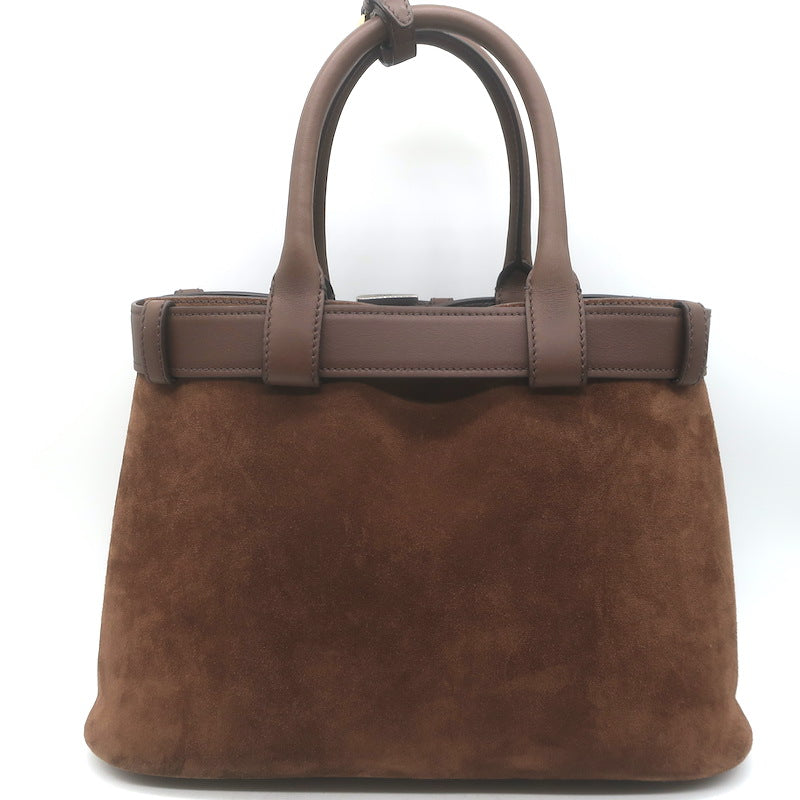 Prada Medium Buckle Belted Top Handle Bag Brown Suede Crossbody NEW