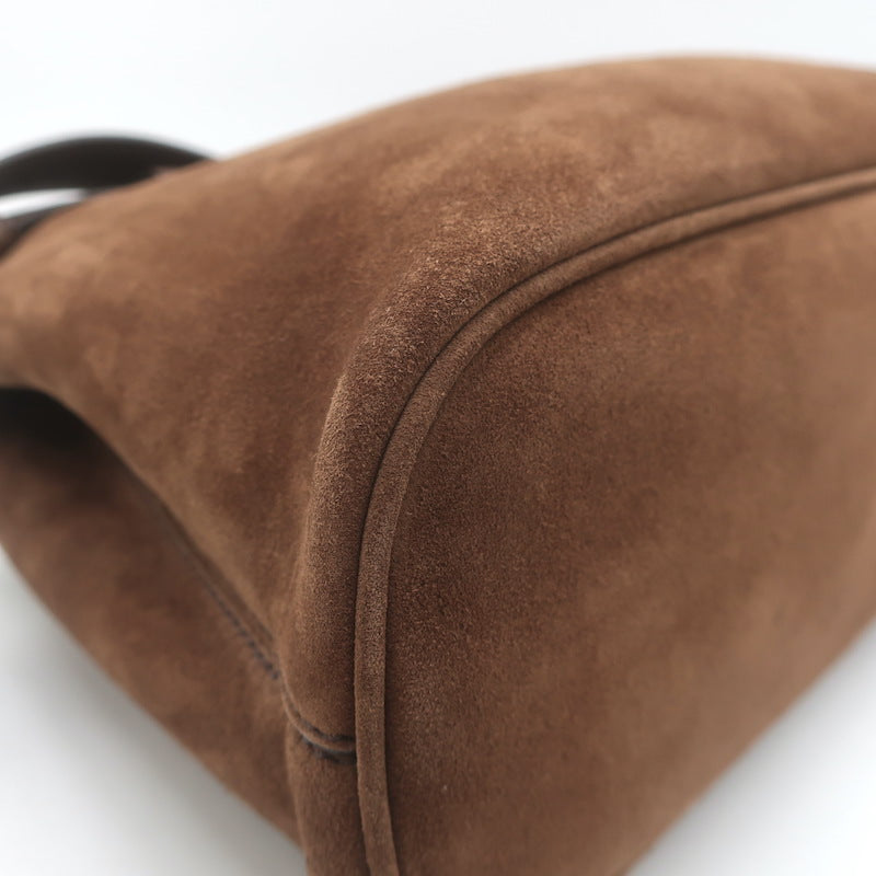 Prada Medium Buckle Belted Top Handle Bag Brown Suede Crossbody NEW