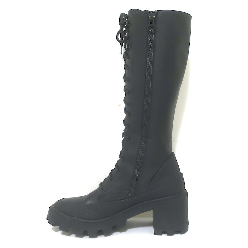 Moncler C Lug Sole Lace-Up Knee High Boots Black Leather Size 39