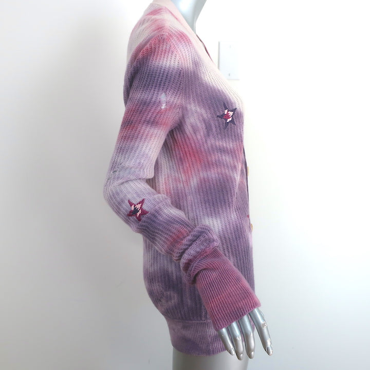 AMIRI Tie Dye Cashmere Embroidered Cardigan Purple Distressed Knit Size Small