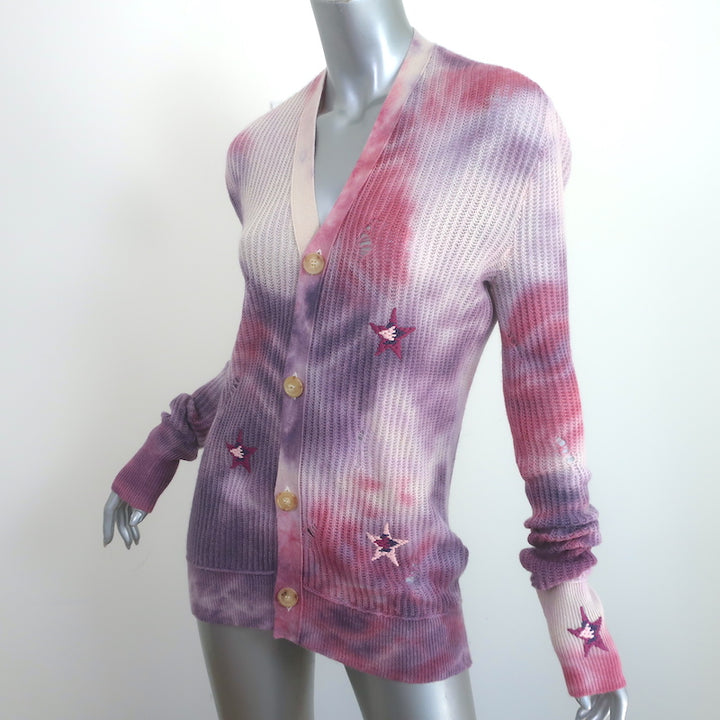 AMIRI Tie Dye Cashmere Embroidered Cardigan Purple Distressed Knit Size Small
