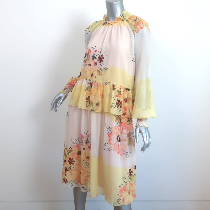 See By Chloe Tiered Long Sleeve Dress Multi Floral Print Georgette Size 38