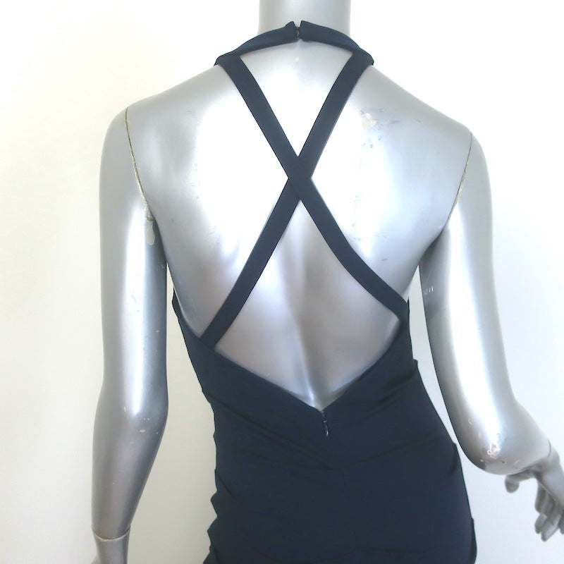 Nicole Miller Blades Open-Back Halter Gown Navy Draped Stretch Jersey Size 6