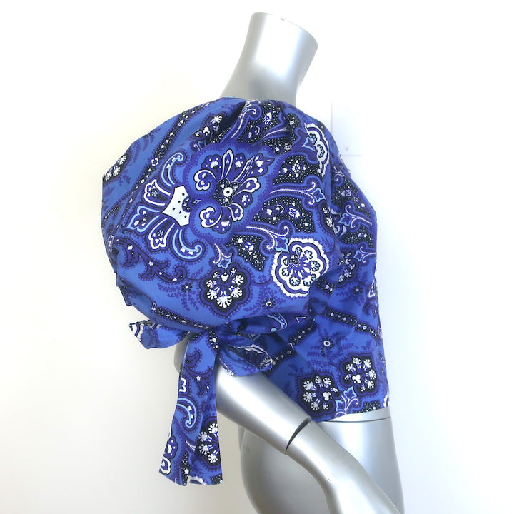 Caroline Constas Nella Puff Sleeve Top Blue Printed Stretch Cotton Size Medium