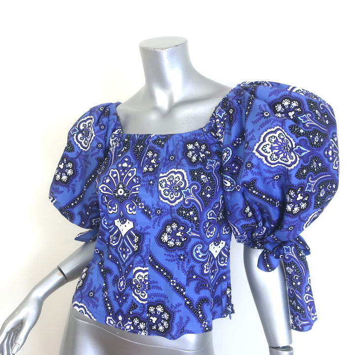 Caroline Constas Nella Puff Sleeve Top Blue Printed Stretch Cotton Size Medium