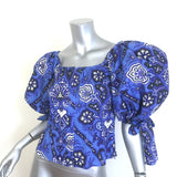 Caroline Constas Nella Puff Sleeve Top Blue Printed Stretch Cotton Size Medium