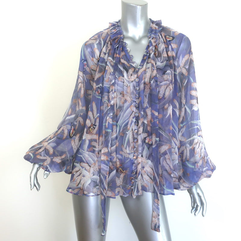 Zimmermann Botanica Tie-Neck Swing Blouse Lavender Butterfly Print Silk Size 0