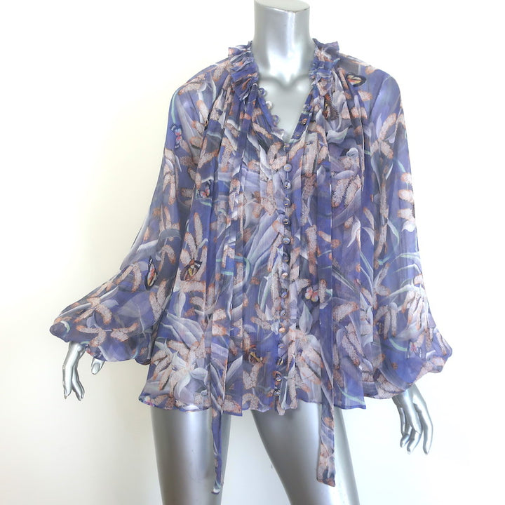 Zimmermann Botanica Tie-Neck Swing Blouse Lavender Butterfly Print Silk Size 0