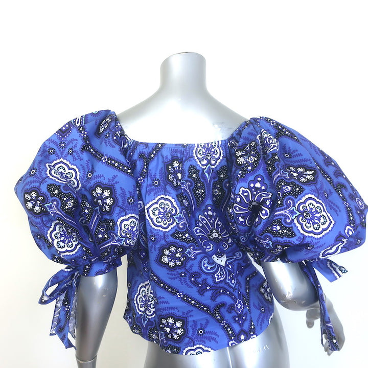 Caroline Constas Nella Puff Sleeve Top Blue Printed Stretch Cotton Size Medium