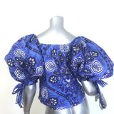 Caroline Constas Nella Puff Sleeve Top Blue Printed Stretch Cotton Size Medium
