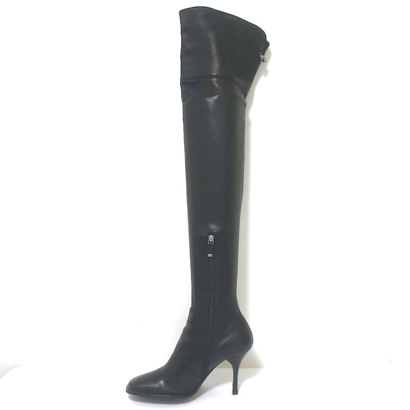 Ermanno Scervino Pierced Thigh High Boots Black Leather Size 38