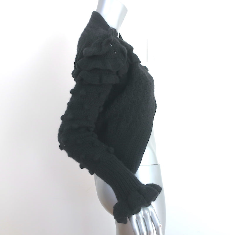 Frederick Anderson Crochet Cardigan Black Ruffled Pom Pom Knit Size Small