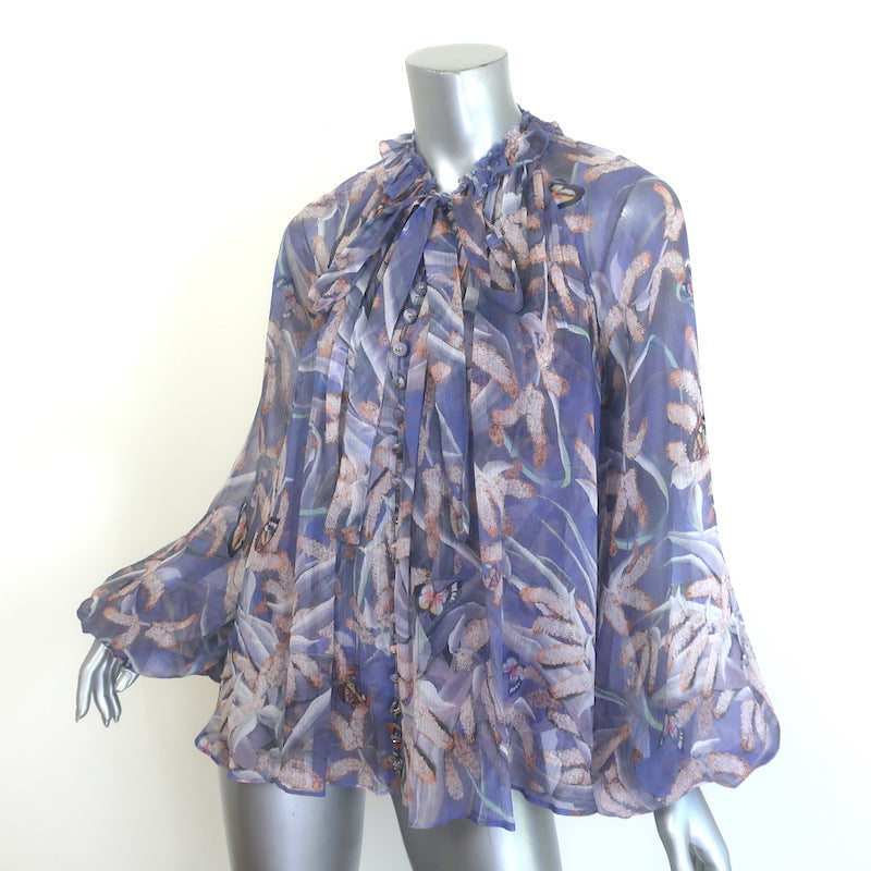 Zimmermann Botanica Tie-Neck Swing Blouse Lavender Butterfly Print Silk Size 0