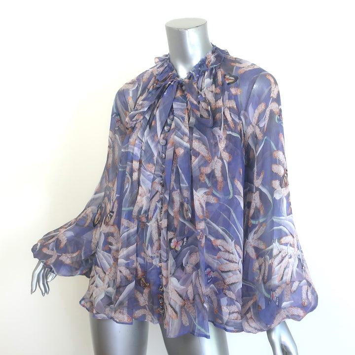 Zimmermann Botanica Tie-Neck Swing Blouse Lavender Butterfly Print Silk Size 0