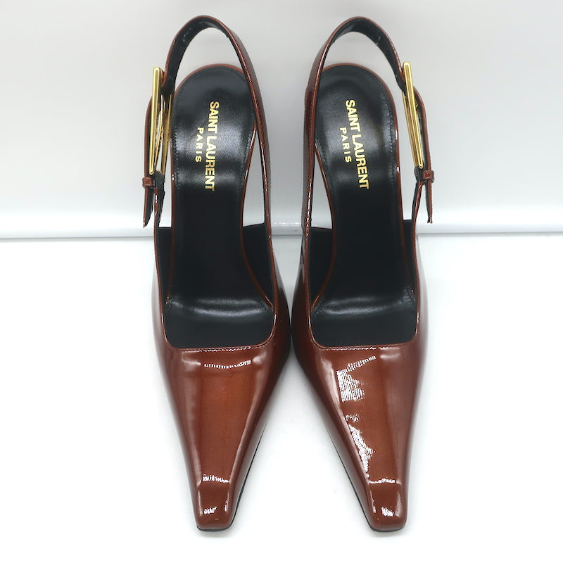 Saint Laurent Lee Slingback Pumps Chestnut Patent Leather Size 38.5 NEW