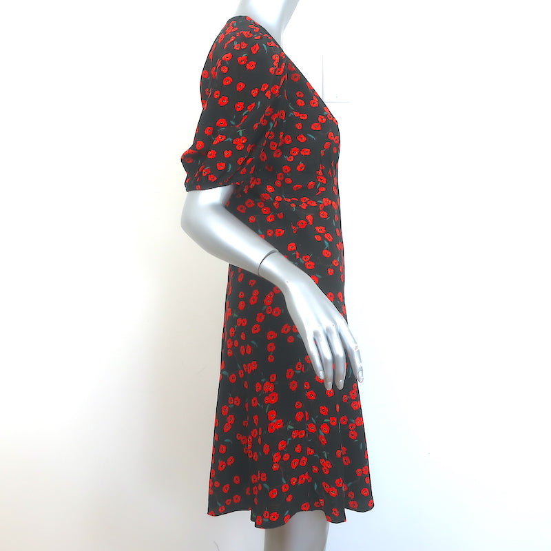 STAUD Milla Short Sleeve Dress Black Poppy Field Print Crepe Size 10