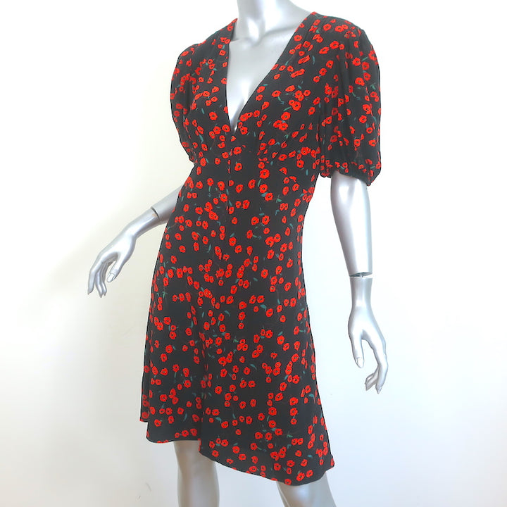 STAUD Milla Short Sleeve Dress Black Poppy Field Print Crepe Size 10