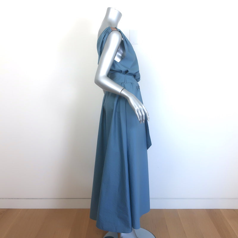 Brunello Cucinelli Monili-Shoulder Belted Midi Dress Blue Cotton Size Medium
