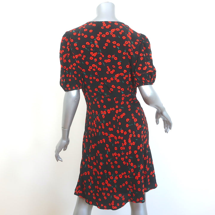 STAUD Milla Short Sleeve Dress Black Poppy Field Print Crepe Size 10