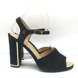 Chanel 16P Ankle Strap Sandals Black Suede Size 38 Gold-Trimmed Heels