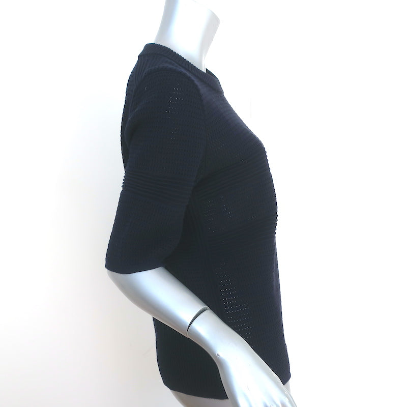 Chloe Top Navy Cotton Pointelle Knit Size Large Short Sleeve Sweater