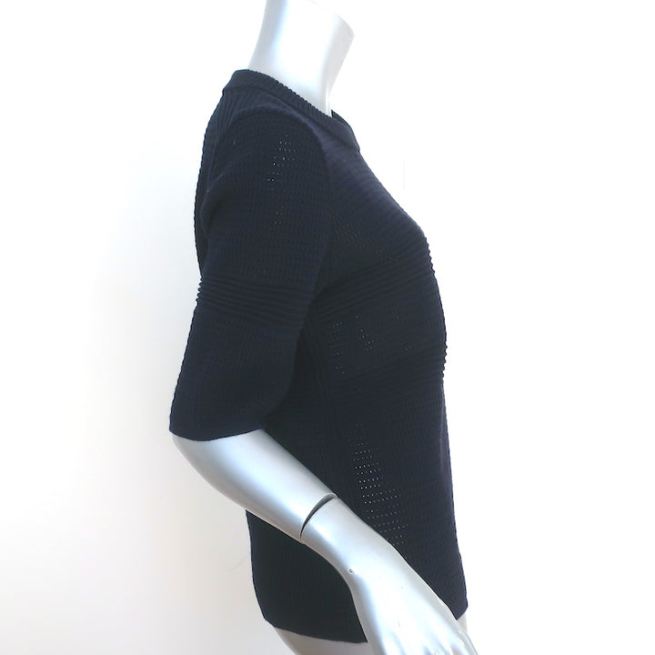 Chloe Top Navy Cotton Pointelle Knit Size Large Short Sleeve Sweater