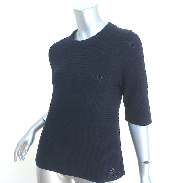 Chloe Top Navy Cotton Pointelle Knit Size Large Short Sleeve Sweater