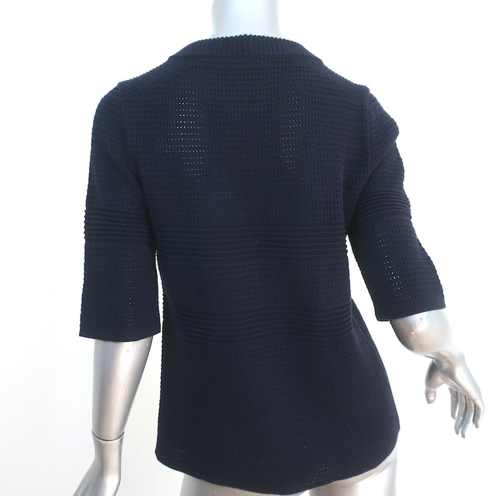 Chloe Top Navy Cotton Pointelle Knit Size Large Short Sleeve Sweater