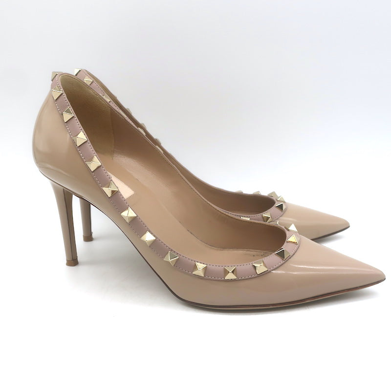 Valentino Rockstud Pointed Toe Pumps Nude Patent Leather Size 40