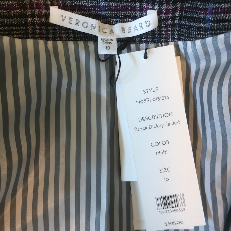 Veronica Beard Brock Dickey Jacket Dark Gray Checked Wool-Blend Size 10 NEW