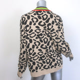 Kule The Cat Cardigan Beige Leopard Jacquard Knit Size Large V-Neck Sweater