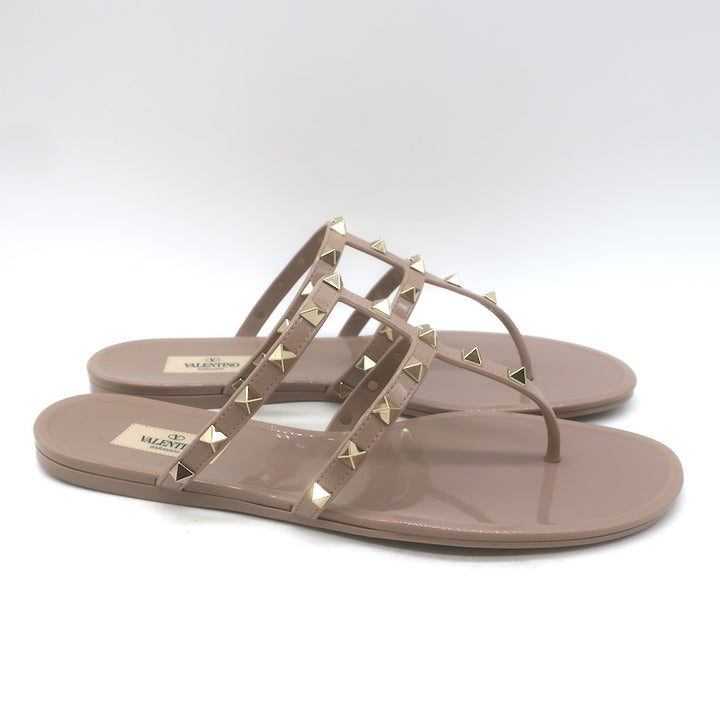 Valentino Rockstud T-Strap Flat Rubber Sandals Poudre Size 41