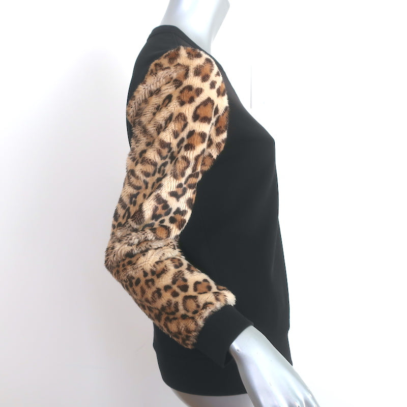 Dries Van Noten Leopard Faux Fur Sleeve Sweatshirt Black Cotton Size Small