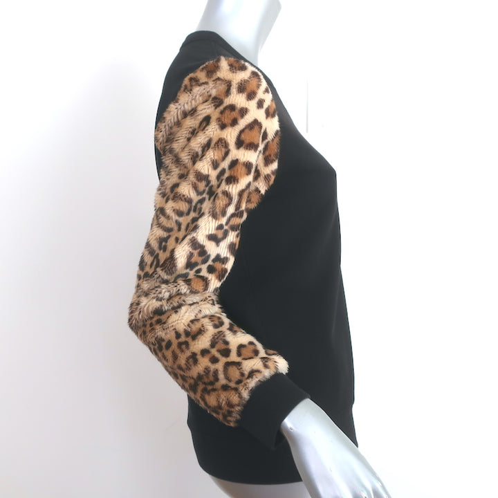 Dries Van Noten Leopard Faux Fur Sleeve Sweatshirt Black Cotton Size Small