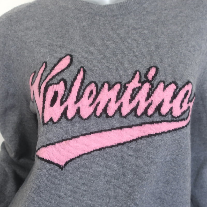 Valentino Logo Intarsia Crewneck Sweater Gray Wool-Cashmere Size Large