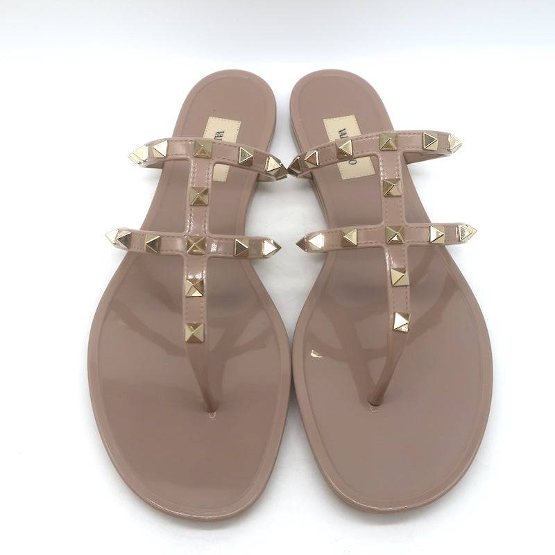 Valentino Rockstud T-Strap Flat Rubber Sandals Poudre Size 41