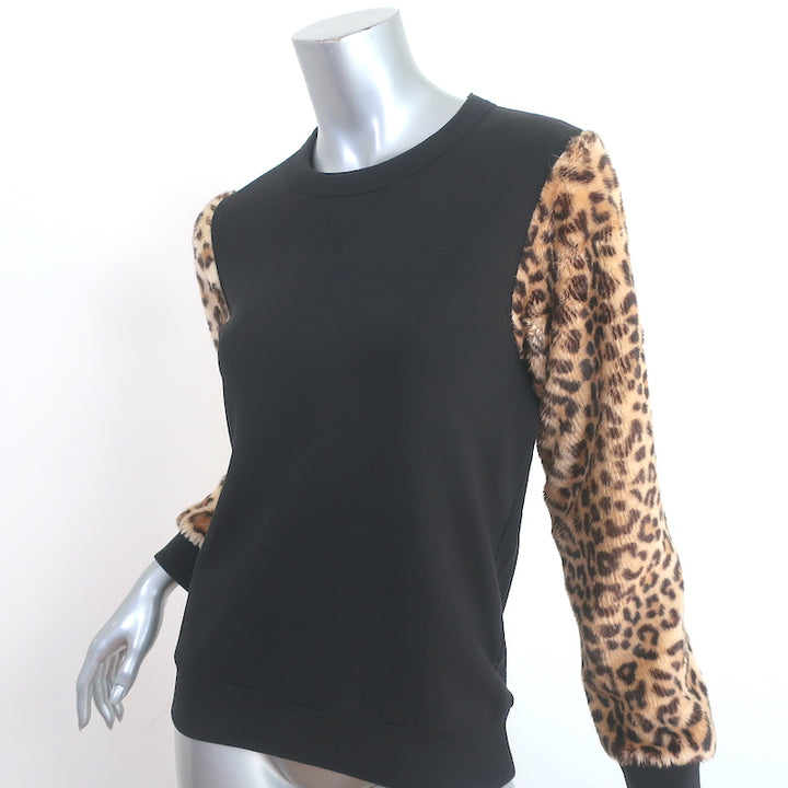 Dries Van Noten Leopard Faux Fur Sleeve Sweatshirt Black Cotton Size Small