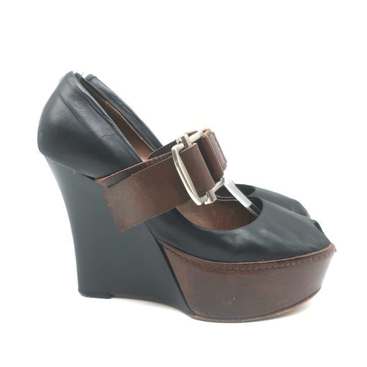 Marni Buckled Wedge Pumps Black &amp; Brown Leather Size 38 Peep Toe Heels